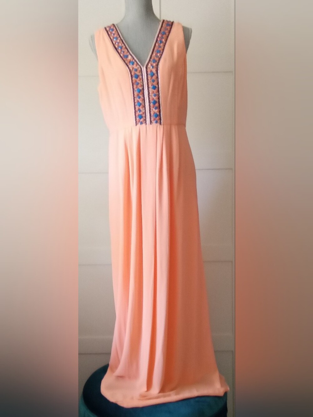 Shoshanna Peach Maxi Dress with Embroidered V-Neck